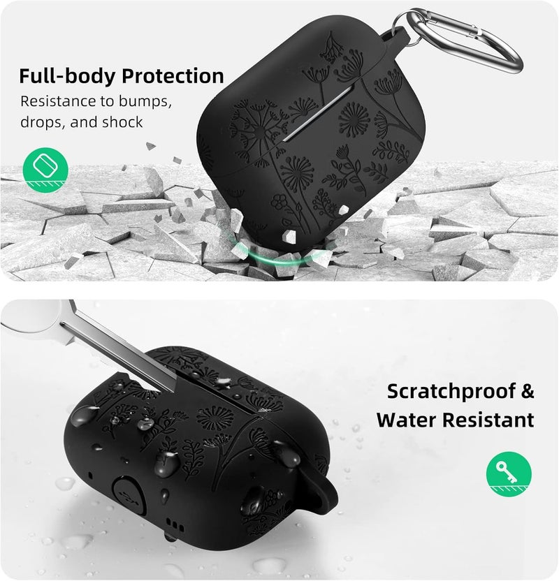 Lerobo Flower Engraved Case Compatible with Apple AirPods Pro 2 Case Cover Full Protective Cover for AirPods Pro Case 2nd 1st Generation 2022/2023 USB C Cute Soft Silicone Skin Front LED Visible Black - Image 3